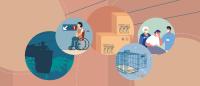 Illustration with elements from student op-ed topics, including electric power lines, a person in a wheelchair, boxes of vaccines, an animal cage, and doctors with a patient